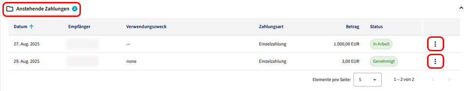 Anzeige anstehender Zahlungen - Übersicht Bild der Übersicht anstehender Zahlungen