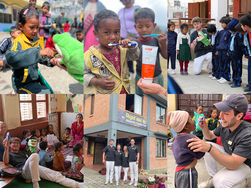 Collage: Vier Studierende bringen Kindern in Nepal das Zaehneputzen bei