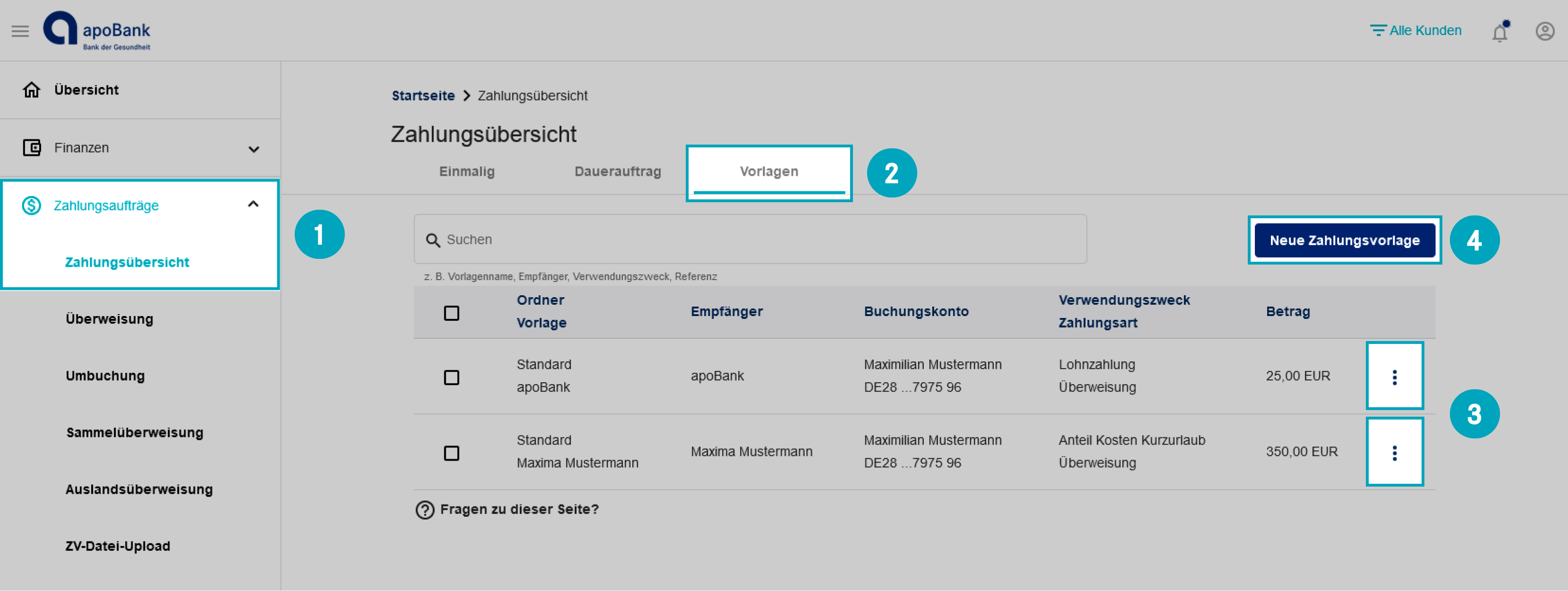 Der Screenshot zeigt, wie Sie zunächst eine Übersicht über alle Vorlagen erhalten, die bereits in Ihrem Online-Banking existieren.